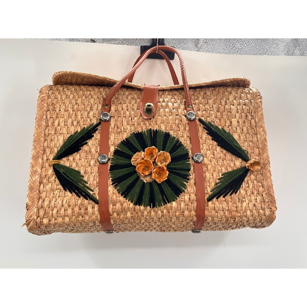 Vintage Woven Straw Floral Embroidered Satchel Bag Boho Cottagecore Natural Tan - Picture 2 of 11